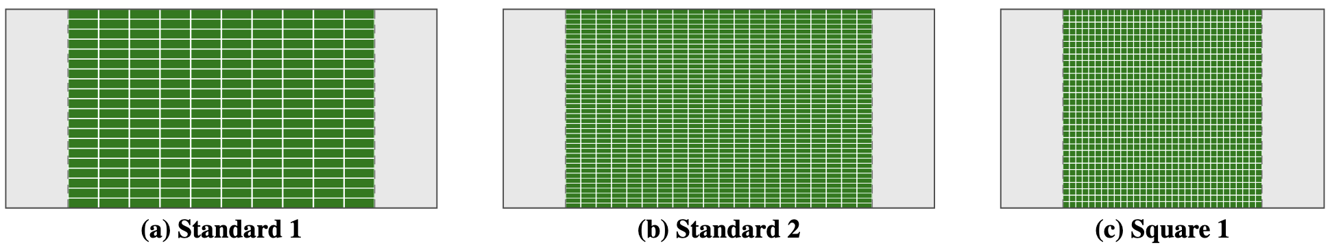 Layouts of Standard 1, Standard 2, and Square 1 used in the experiments.